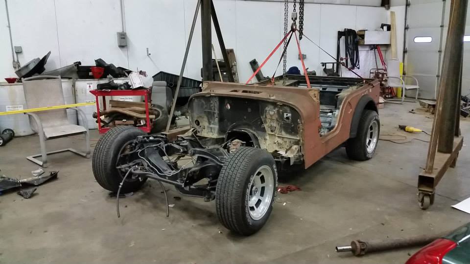 jeep rat rod body is in final position on the corvette frame